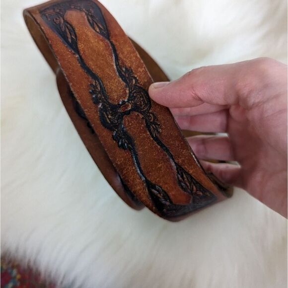 Vintage tooled leather belt brass wood green stone buckle 36